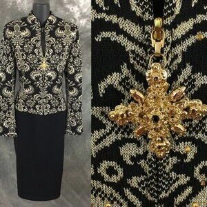 BEAUTIFUL St John evening knit black rhinestones embellished skirt suit M 10